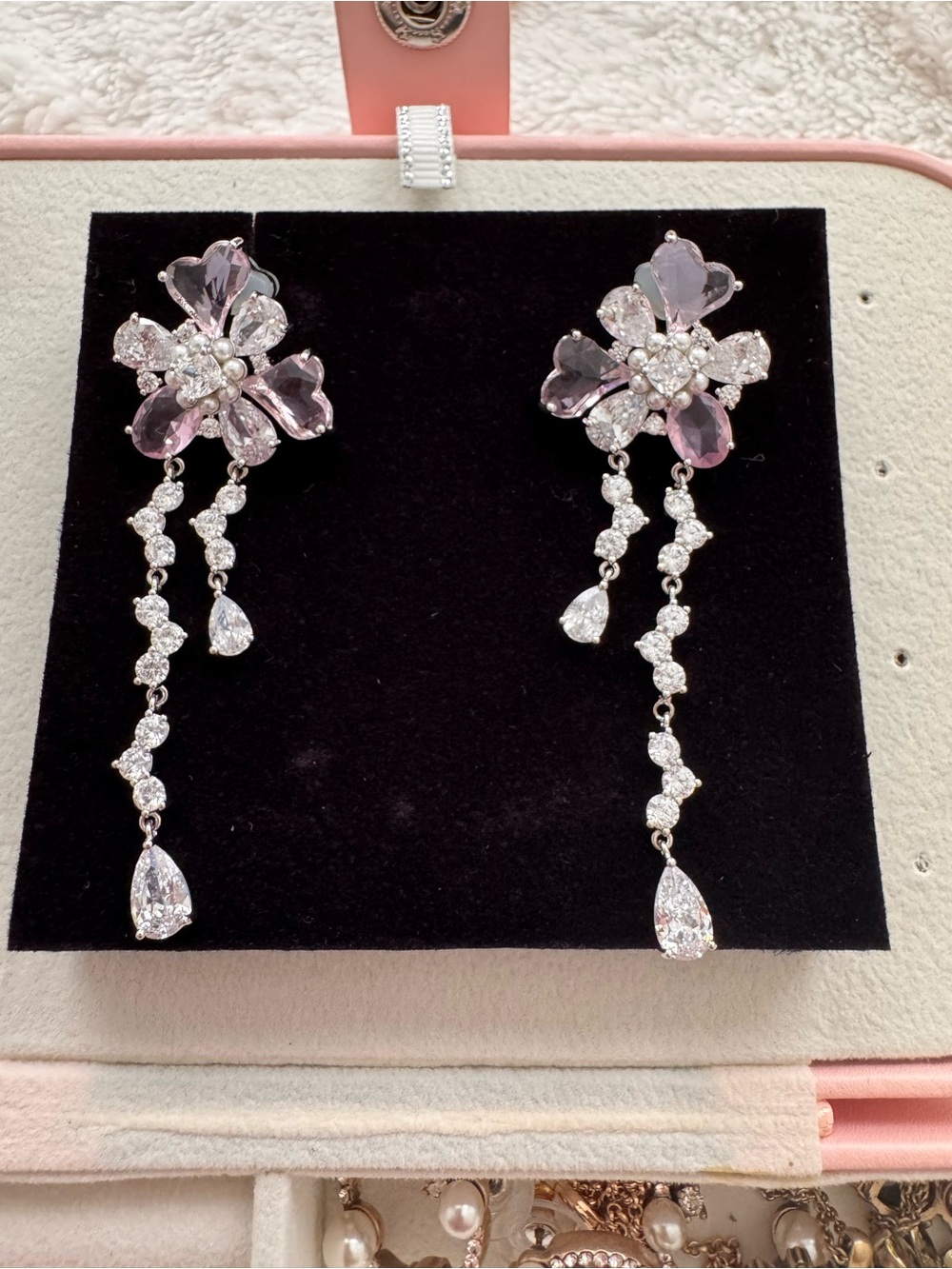 Elegant Pink Flower Drop Earrings with Clear Crystal Accents